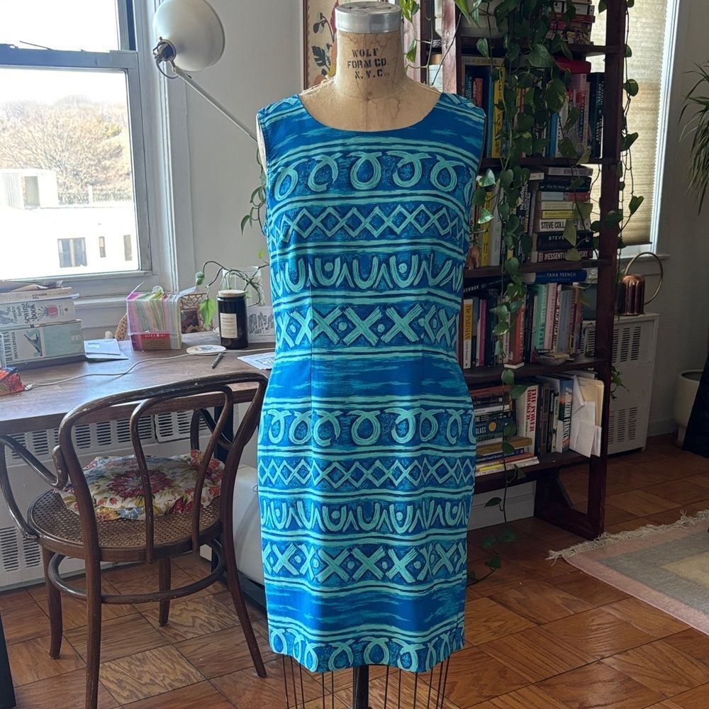 🎀Vintage🎀 Sleeveless Blue Shift Geometric Pattern Dress Size 8